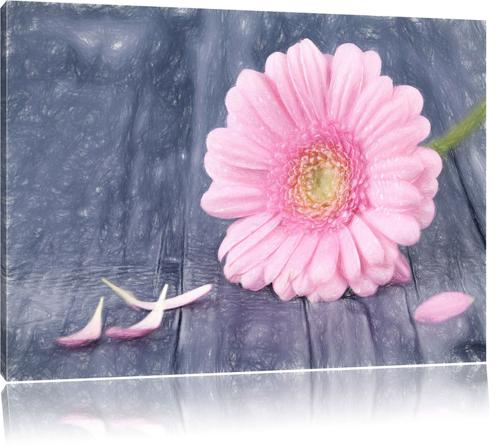 Pixxprint Pinke Gerbera auf rustikalem Boden Kunst Buntstift Effekt, Format: 100x70 auf Leinwand, 10