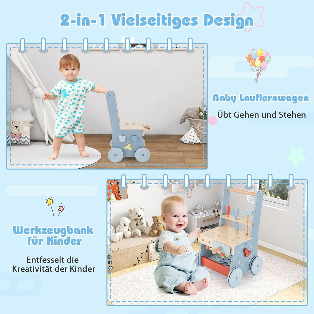 COSTWAY Lauflernwagen Holz, Baby Lauflernhilfe mit Multi-Aktivitätszentrum, Kinder Werkbank Spieltis