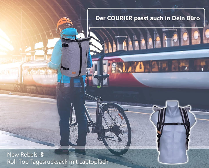 New Rebels Rucksack COURIER A4 Roll Up Kurierrucksack + Flasche (Schwarz), Schwarz