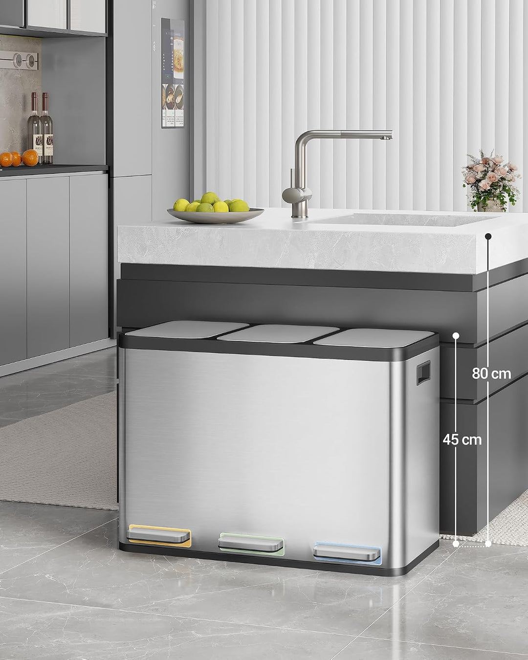 Hzuaneri Mülleimer Küche, Mülltrennsystem 3 Fächer 45L (3 x 15 L), Edelstahl-küchenmülleimer, Tretmü