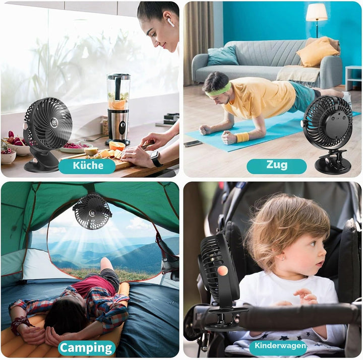 Schreibtischventilator, Mini-Ventilator, USB, leise, mit LCD-Display, 6000 mAh, Clip-Ventilator, 5 G