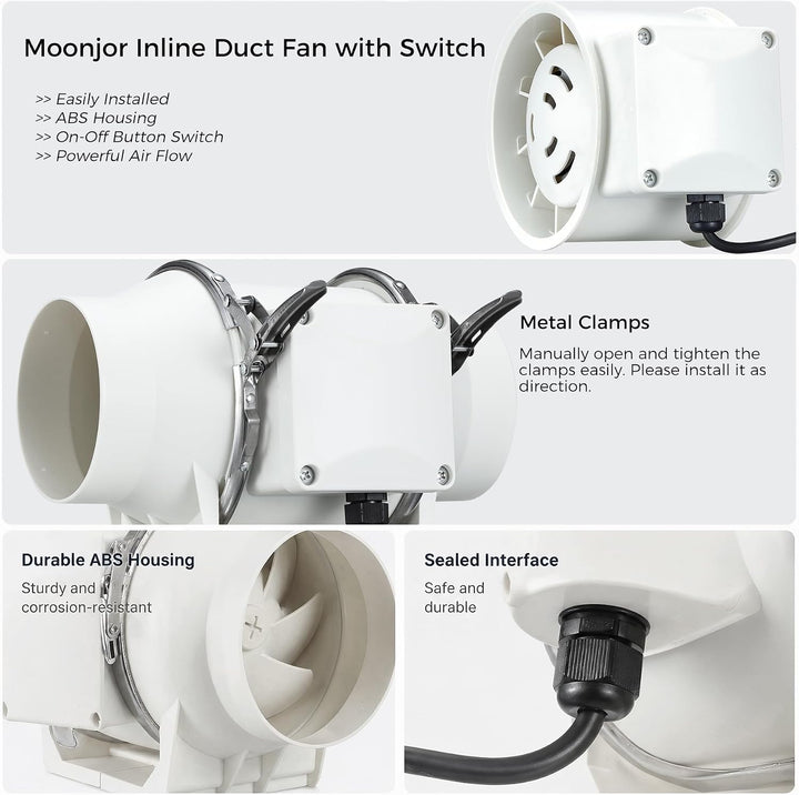 75mm Rohrventilator Kanalventilator mit Druckknopfschalter | 120 CFM Inline-Lüfter Abluftventilator,