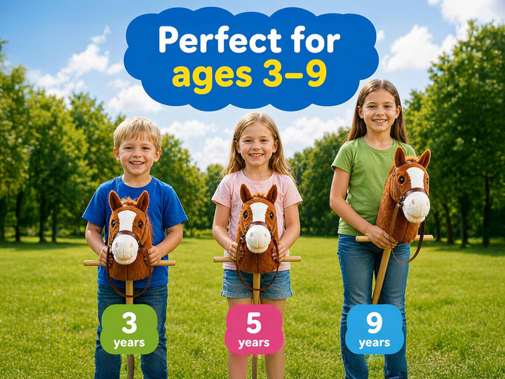 CELMAN Hobby Horse - Steckenpferd Braun A4 mit Zaumzeug und Sound - Geräuscheffekt durch Ohrdruck -