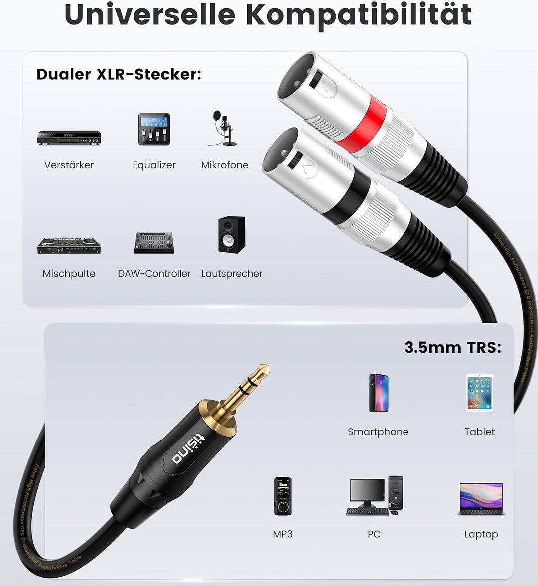 Tisino 3,5 mm auf XLR-Kabel, 3,5 mm auf Stereo-Breakout-Kabel mit zwei XLR-Steckern - 3m, 3M