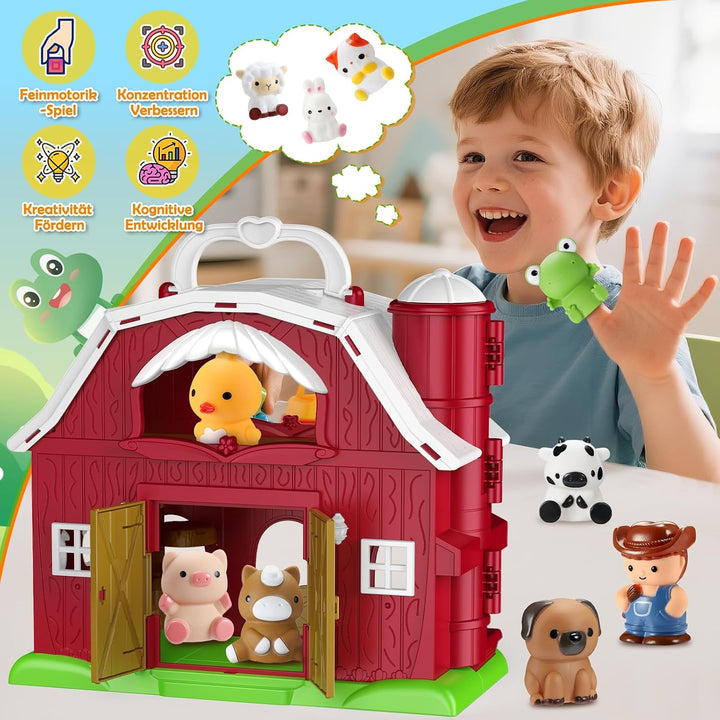HappyKidsClub Montessori Bauernhof Spielzeug ab 1-4 Jahre, Aufklappbare Scheune Spielhaus für Kleink