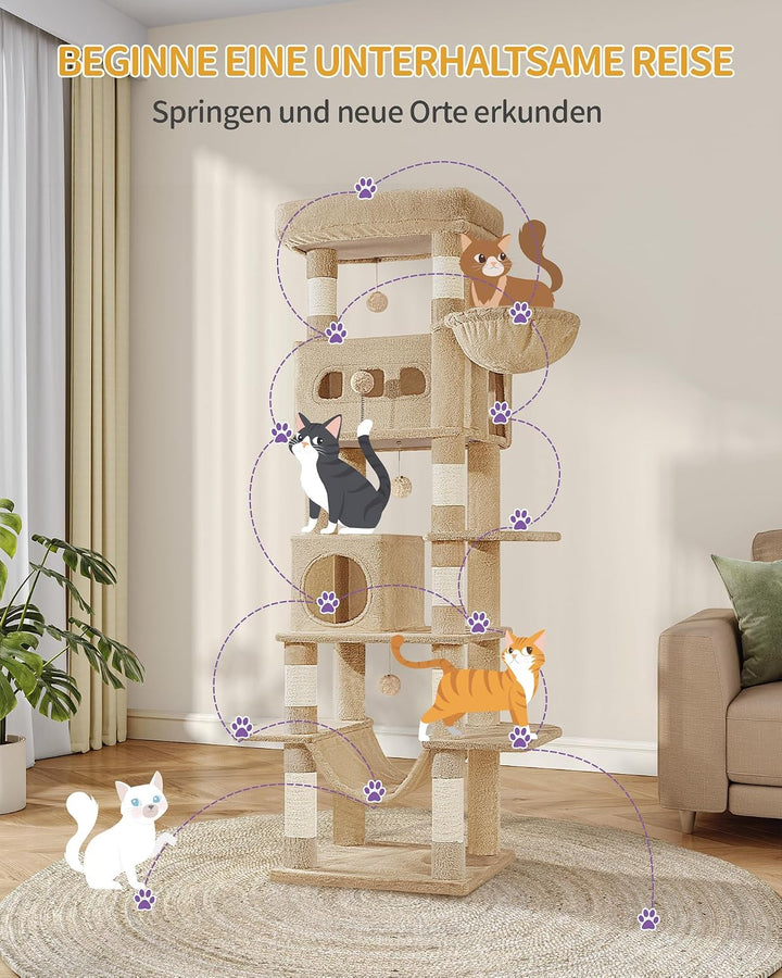 Hzuaneri Kratzbaum gross, 170 cm Hoch, Katzenbaum, mit 8 Kratzbäume, 2 Höhlen, gross Plattformen, Wa