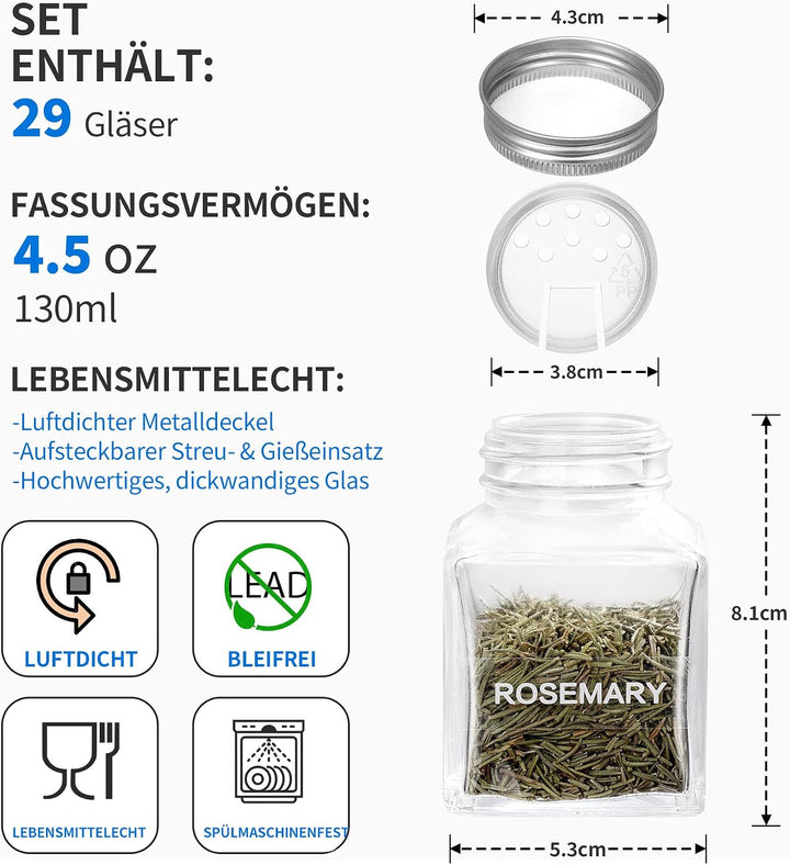 MIUKAA 29er Gewürzgläser Eckig Set mit Etiketten, 130ml Personalisierter Gewürzdosen, Klare Gewürzbe