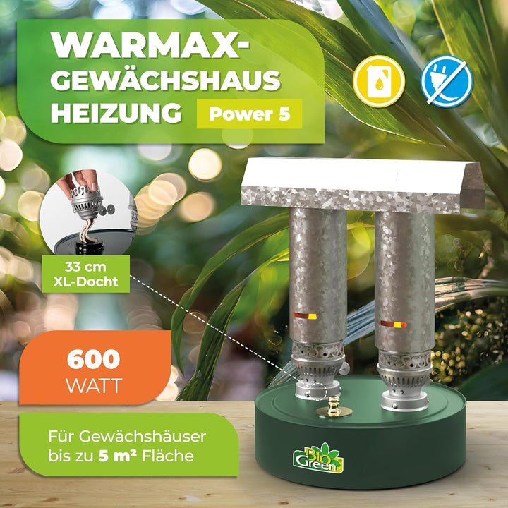 BioGreen Paraffin-Gewächshaus-Heizung WARMAX Power 5 | max. 600 Watt Heizleistung | für Gewächshäuse