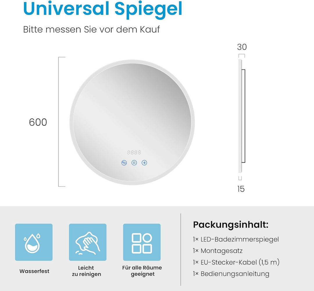 Heilmetz LED Badspiegel Rund 60cm mit Bluetooth Lautsprecher &amp; Acrylrahmen, Badezimmerspiegel mit Be