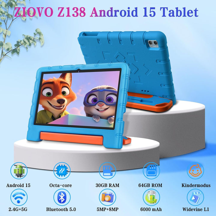 ZIOVO Kinder Tablet 10 Zoll Android 15 mit 30GB RAM+64GB ROM(TF 1TB), 5G WiFi, Gemini AI, Octa-Core,