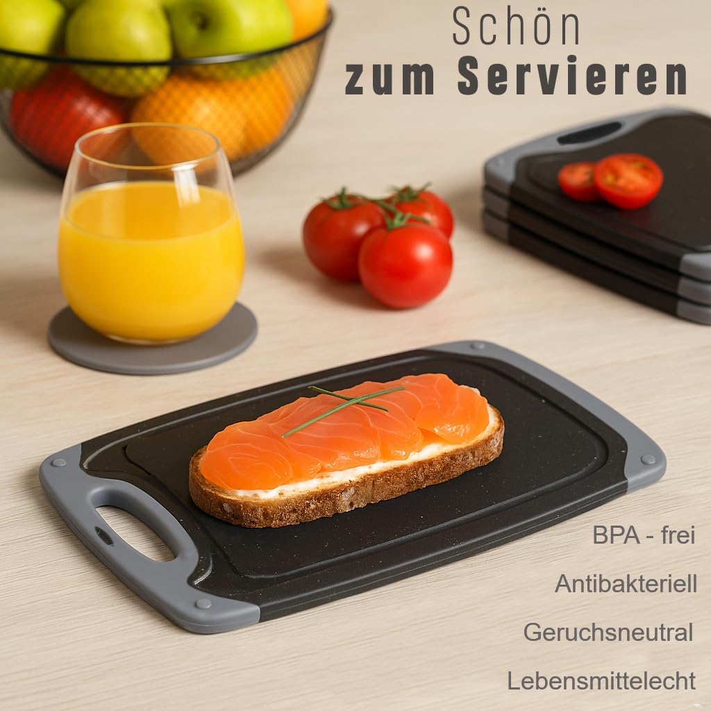 Frühstücksbrettchen 6er Set + 1 Brettchen, 25 x 15 cm, Schneidebrett Set, beidseitig, rutschfest mit
