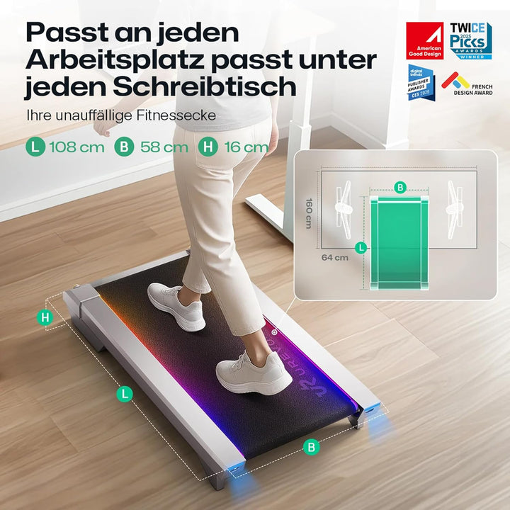UREVO CyberPad Smart Walking Pad mit 14% Automatik-Steigung, Schlankes Untertisch-Laufband für Fitne