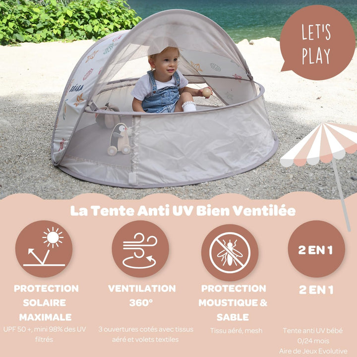 BÉABA, Strandmuschel, Anti-UV-Babyzelt 2 in 1, 0-24 Monate, maximaler UV-Schutz UPF50+, gefilterte U
