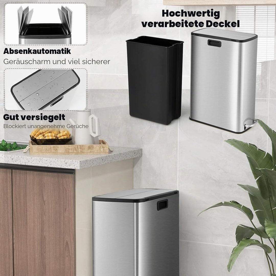 LIFEZEAL 45L Mülleimer, Mülltrennsysteme mit Deckel für Mülltrennung, Bin aus Edelstahl mit doppelte