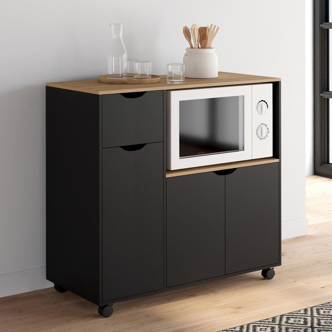 IDMarket - Mikrowellen-Küchenwagen COSI XXL Schränke mit schwarzer Holzschublade und Buchenholzplatt