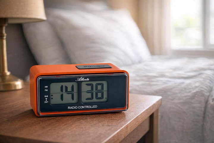 Atlanta Digitalwecker LCD Funkwecker Snooze Licht Retro Design Orange Lautlos Ohne Ticken - 1881-12,