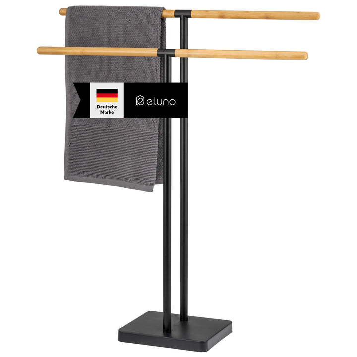 eluno Stand-Handtuchhalter freistehend, 2 Stangen, Handtuchständer, Bambus/Metall (Schwarz), Schwarz