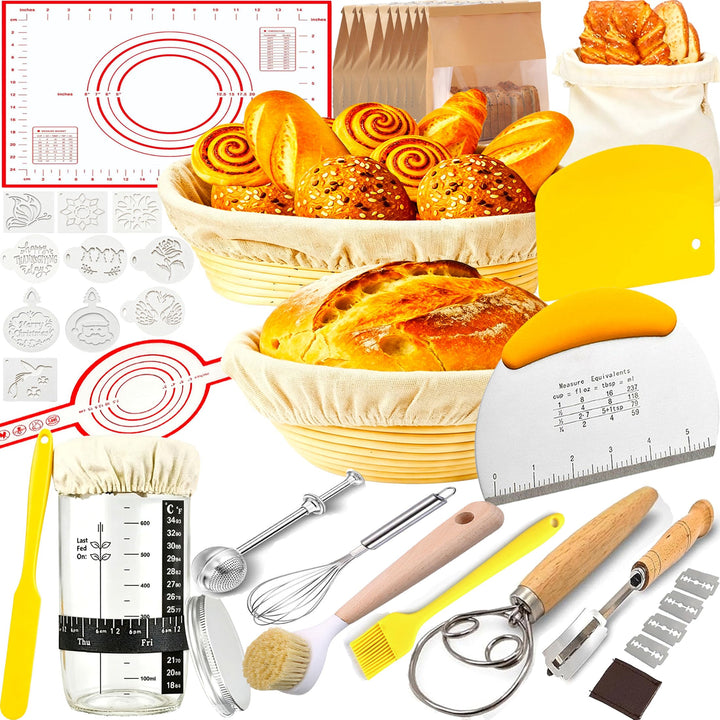 Gärkörbchen von Sauerteig Starter Set, 2 Gärkorb – Gärkörbchen Rund 23cm, Oval 25cm, Sauerteig Start