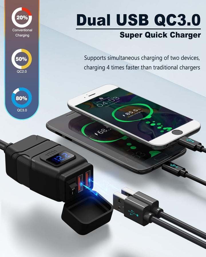 EXTRACTME Motorrad USB Ladegerät 6.8A Schnellladung 3.0 Dual USB Telefon Ladegerät mit Voltmeter und