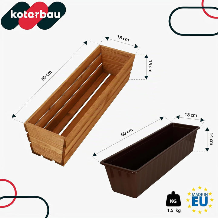 KOTARBAU® Blumenkasten für Balkon, Balkonkasten mit Kunststoffeinsatz 60 x 18 x 15 cm 1 Stück Eiche,