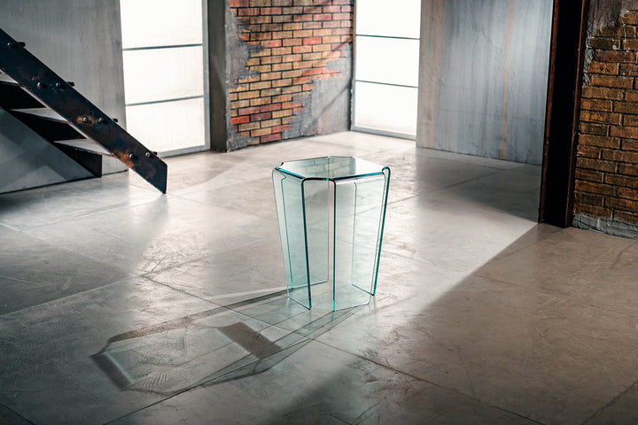 IMAGO FACTORY Fjord | Tisch Servetto – Lampentisch aus gebogenem Glas, transparent, für Wohnzimmer,