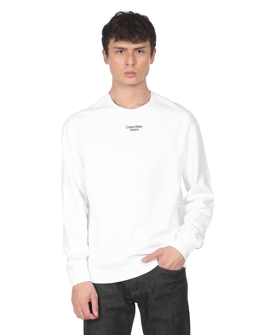 Calvin Klein Jeans Herren Stacked Logo Rundhalsausschnitt Schweres Strickmaterial XL Weiss (Bright W