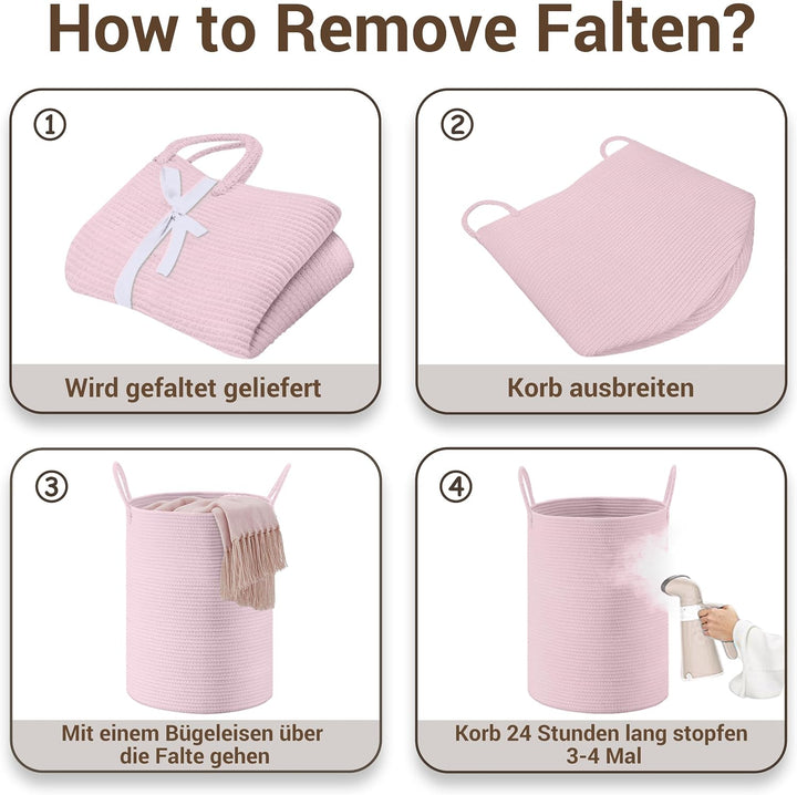 72L Wäschekorb Geflochten mit Henkel Rund, Rosa | Baumwollhenkel Aufbewahrungskorb Für Wäsche Decken