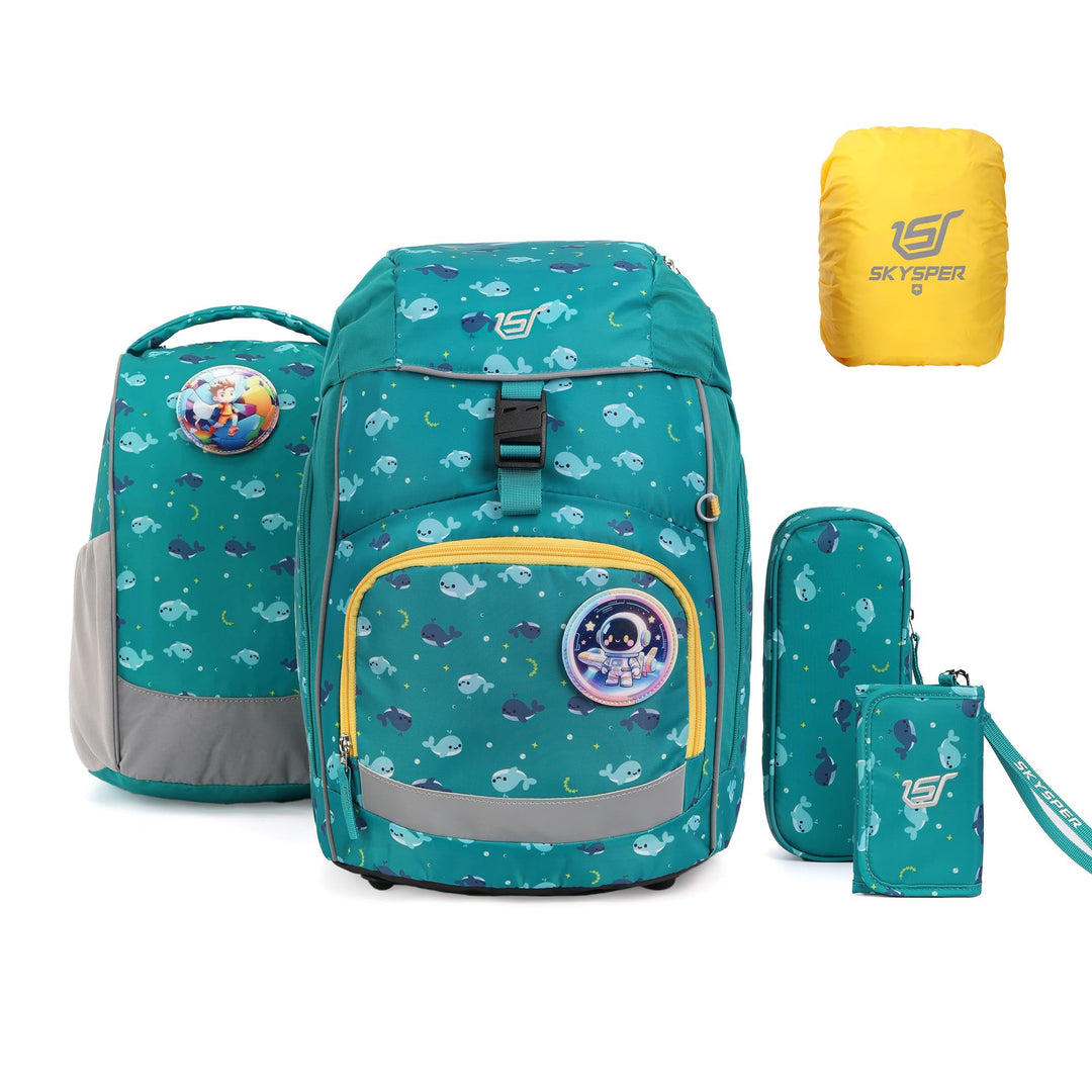 SKYSPER Schulranzen-Set 5-teilig, Schulrucksack Ergonomischer Tragesystem Ozean, Ozean