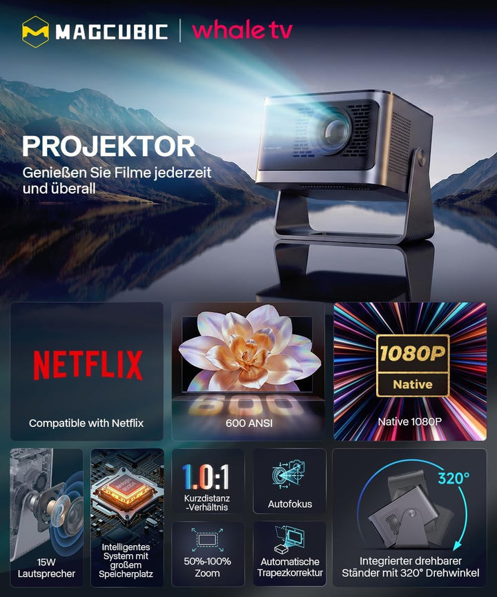 Magcubic Mini Beamer 4K,Native 1080P【Compatible with Netflix 】 600 ANSI | Mini Beamer Android 13 WiF