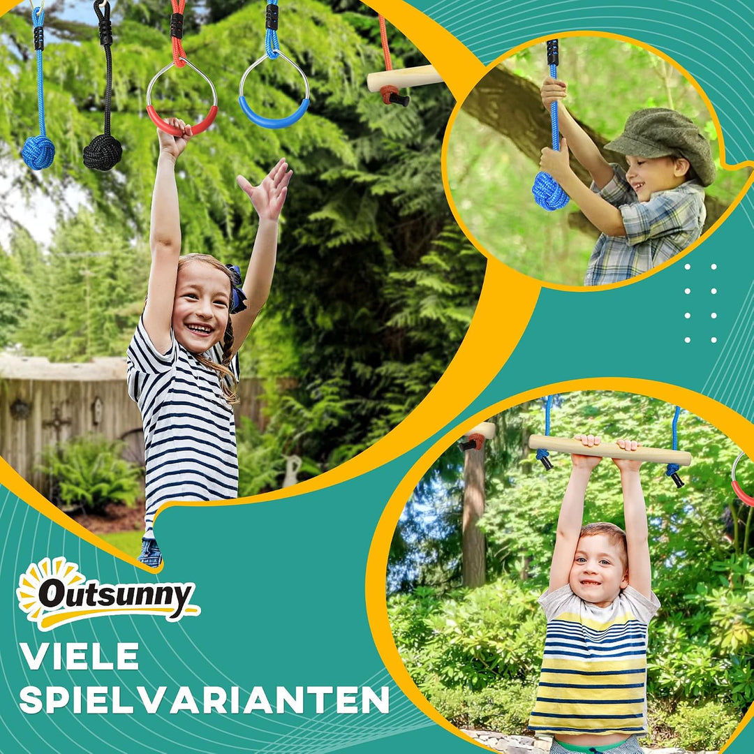 Outsunny Ninja Line Kinder 10m Slackline Set mit Hindernissen, Klettergerüst, Turnringe, Baumschutz,