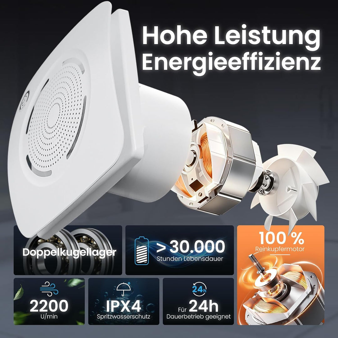 MOCINE Badlüfter 100mm mit Feuchtigkeitssensor und Timer, Weiss | PC+ABS, leise und effizient, Doppe