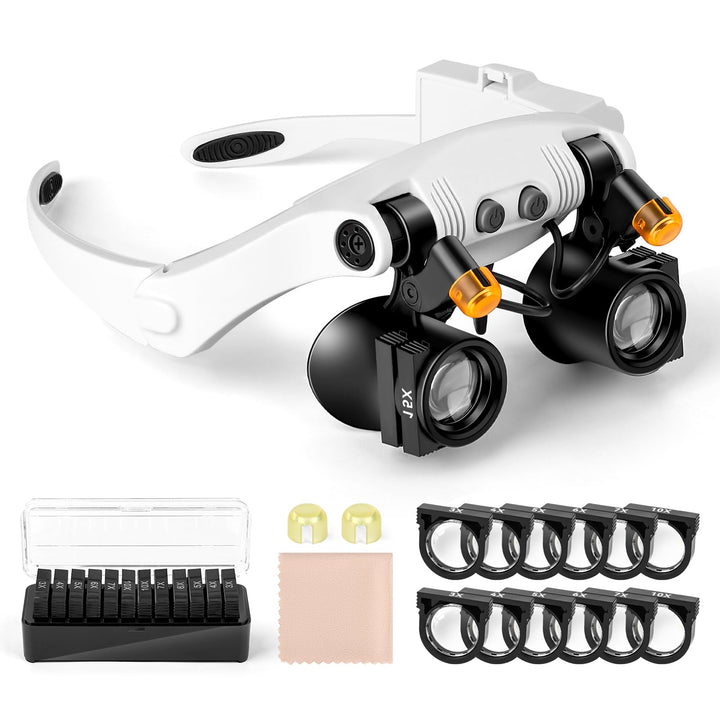 NZQXJXZ Lupenbrille mit Licht, 3X-15X Head Lupe mit LED Licht Weiss, Weiss