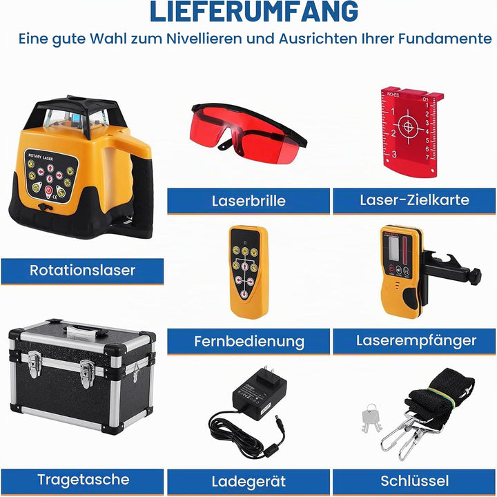 360° Rotstrahl Rotationslaser 500m IP54 Selbstnivellierend mit Empfänger Rot Rotationslaser, Rot Rot