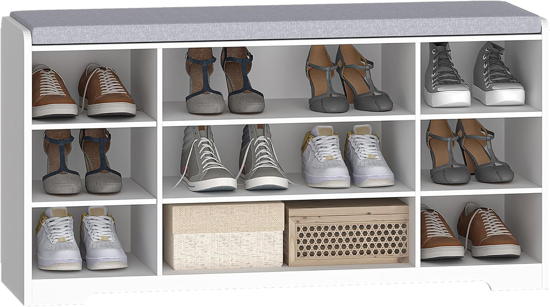Hzuaneri Schuhbank, Schuhregal mit Sitzfläche, Sitzbank mit Stauraum, Kissen, 9 Fächer, 103 x 30 x 5