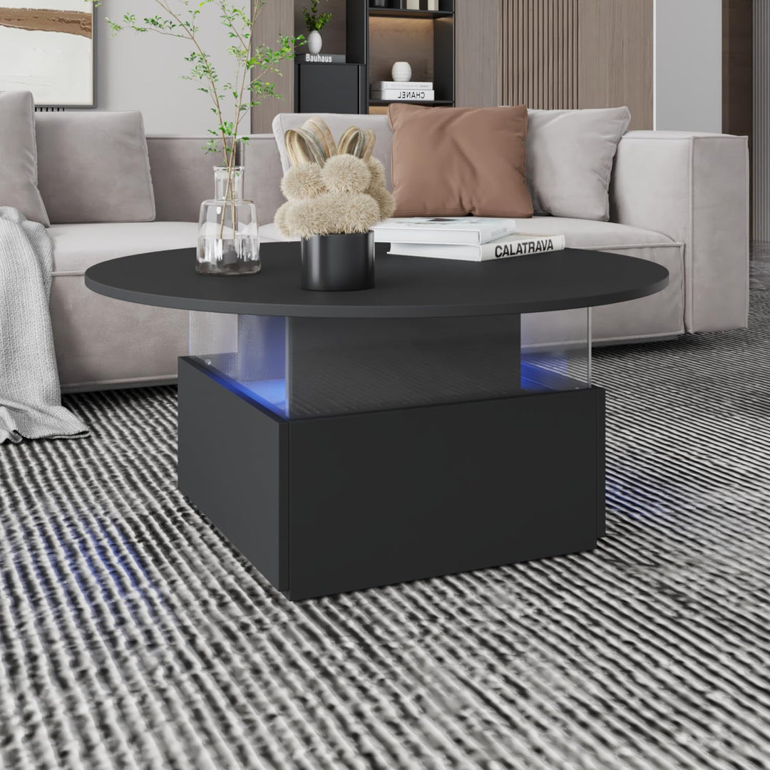 KEEPREAPER Couchtisch rund Wohnzimmertisch LED 80 x 80 x 40cm Schwarz, Schwarz