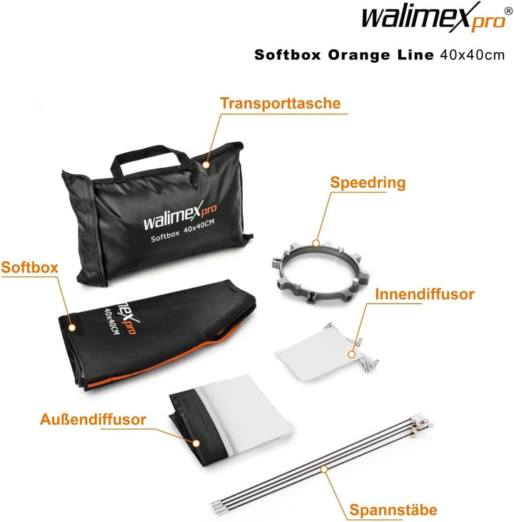 Walimex pro Softbox Orange Line 40x40, Schwarz, Weiss ohne Adapter, ohne Adapter