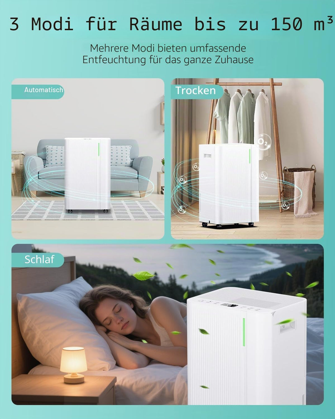 Luftentfeuchter 20L/24h, Elektrischer Entfeuchter mit Kompressor, 3 Modi, Leise und Energiesparend,