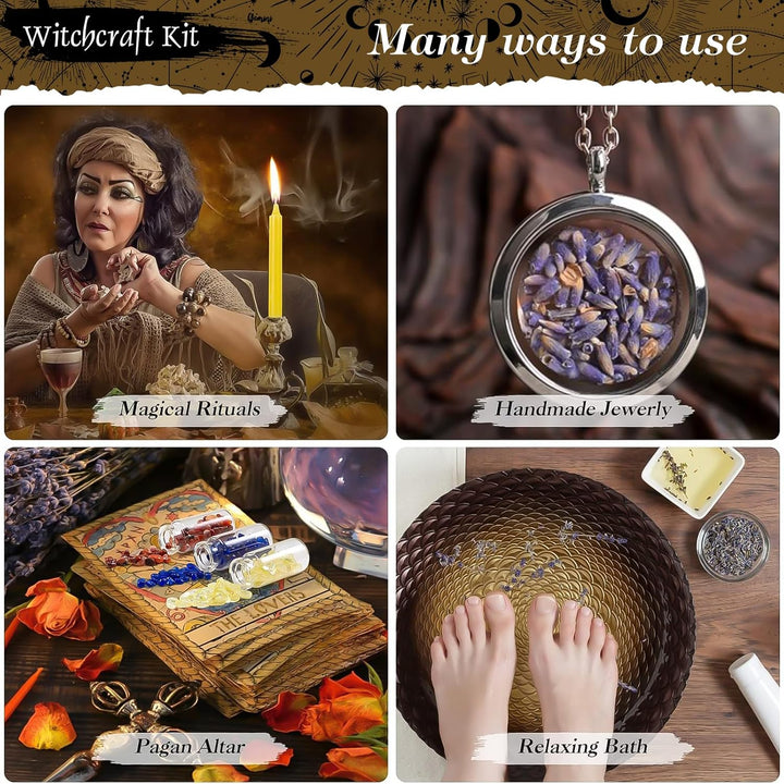 VIPNAJI Starter Witch Kit 64 Stück Witchcraft Kit,Kerzen Kleine,Trockenblumen,Kristallen,Messlöffel,