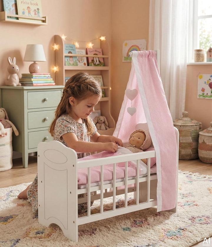 Goki 51762 Puppenbett mit Bettwäsche und Himmel puppenhausmöbel, weiss/rosa