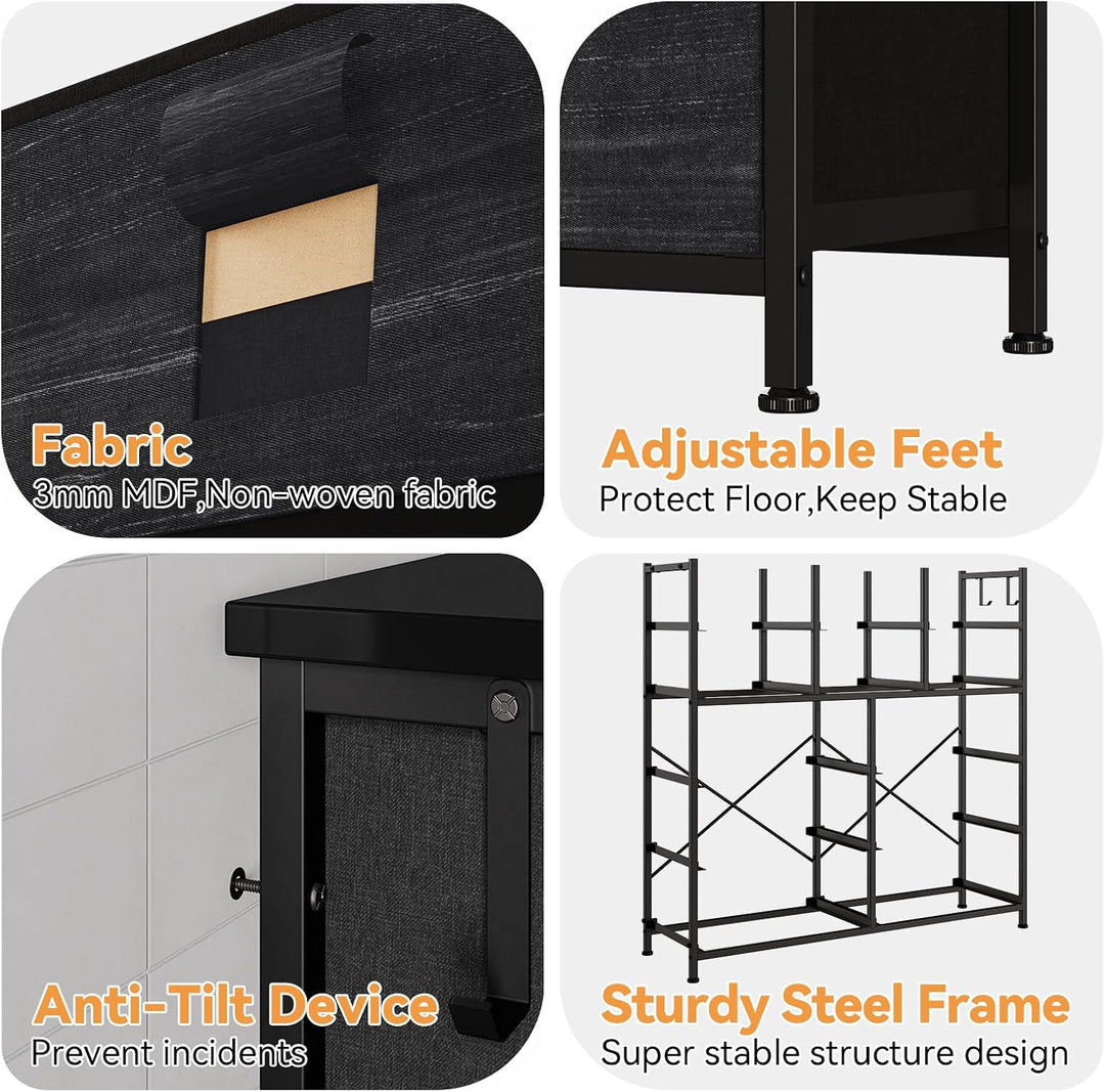 Stoffkommode 12 Schubladen, 99x30x110cm, Stahlrahmen, MDF-Platte Schwarz (110 Cm Höhe), Schwarz (110