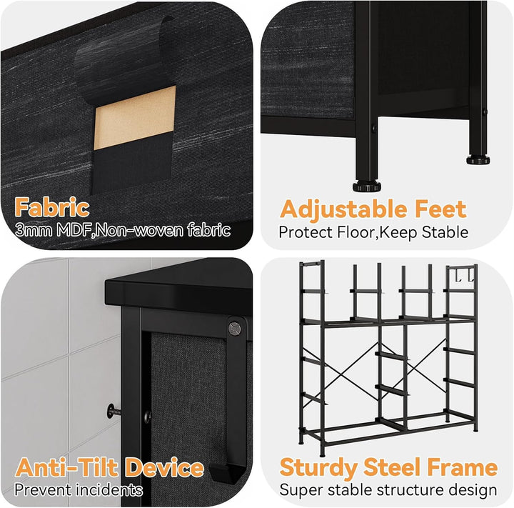 Stoffkommode 12 Schubladen, 99x30x110cm, Stahlrahmen, MDF-Platte Schwarz (110 Cm Höhe), Schwarz (110