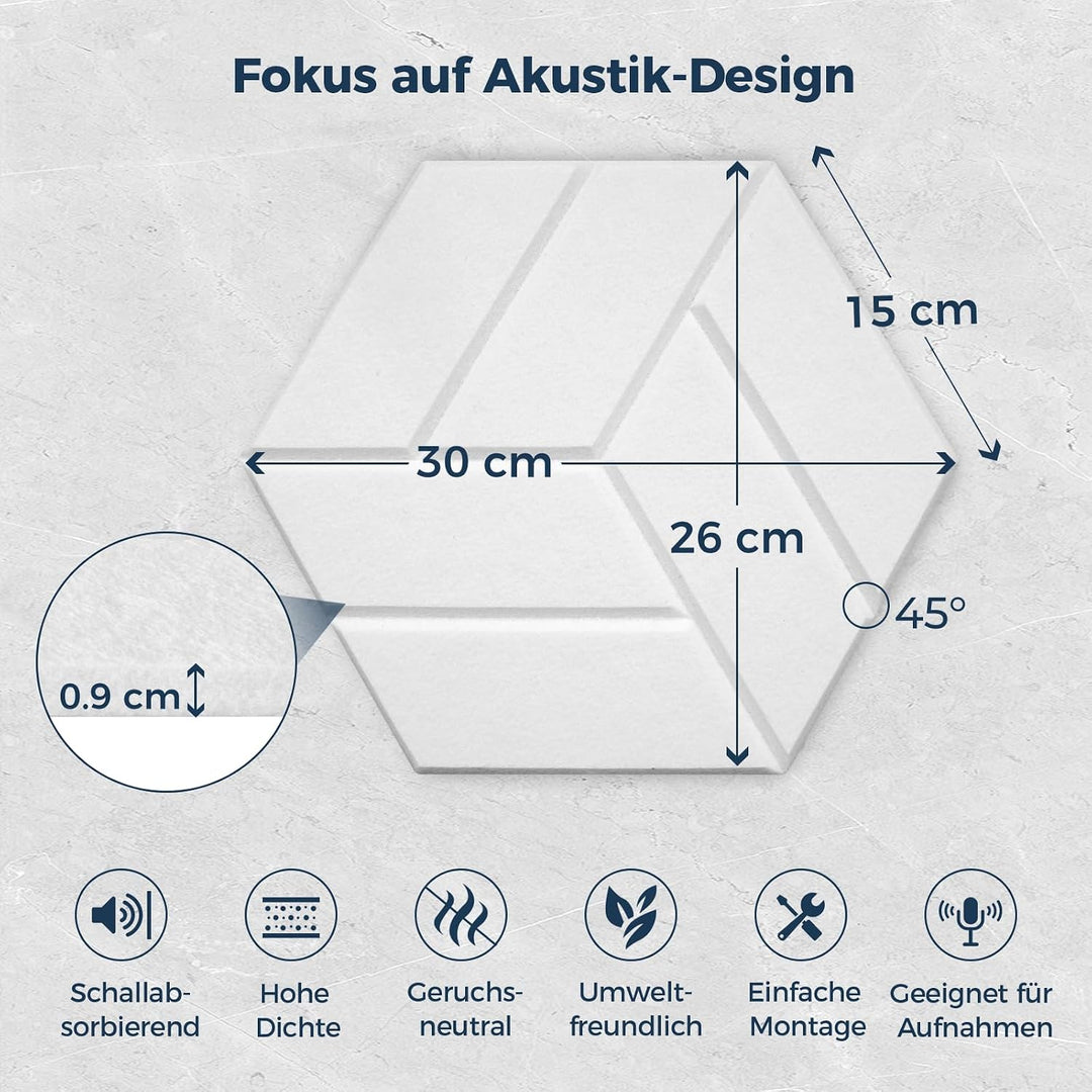 12 Stück Hexagon Akustikplatten Selbstklebend, 30 x 26 x 0,9 cm Hohe Dichte schallabsorber wand, Sch