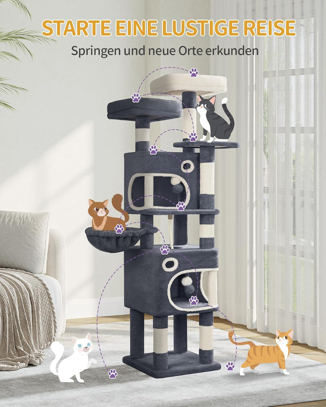 Hzuaneri Kratzbaum, 159 cm Katzenbaum mit 8 Kratzsäulen, 3 Plattformen, 2 Höhlen, Korb, Plüschbälle,