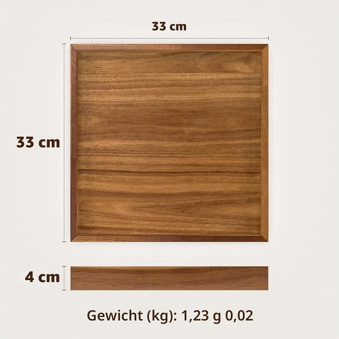 HILLSPRING Tablett aus Akazienholz, 33 x 33 cm, quadratisches Ottoman Tablett mit erhöhtem Rand, dek