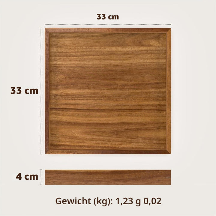 HILLSPRING Tablett aus Akazienholz, 33 x 33 cm, quadratisches Ottoman Tablett mit erhöhtem Rand, dek