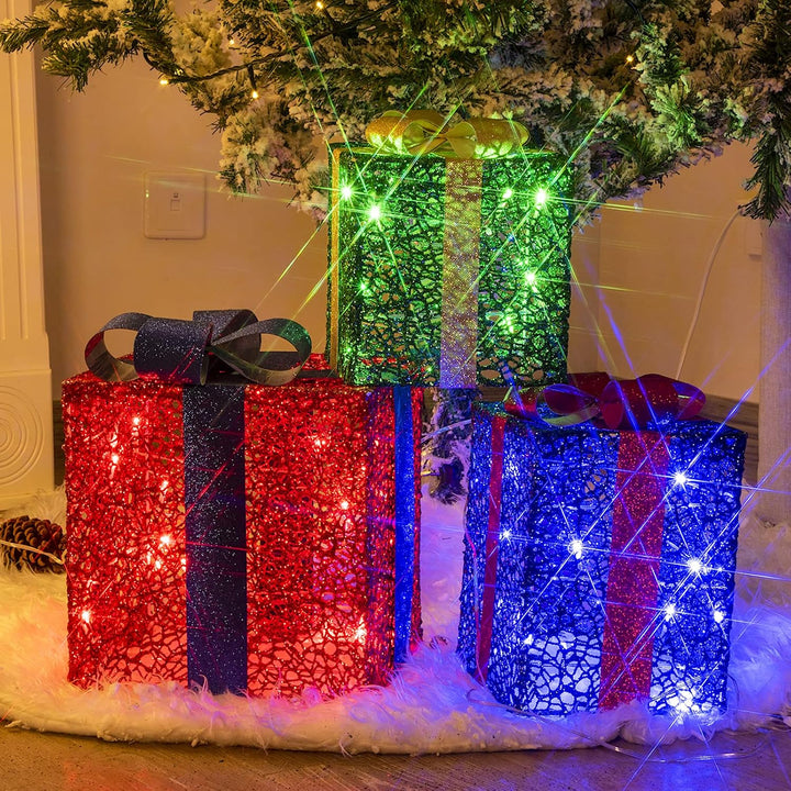 DELICHTER LED Weihnachtsdeko, 3× Rot/Grün/Blau Geschenkbox mit Schleifen Weihnachtsbeleuchtung für I