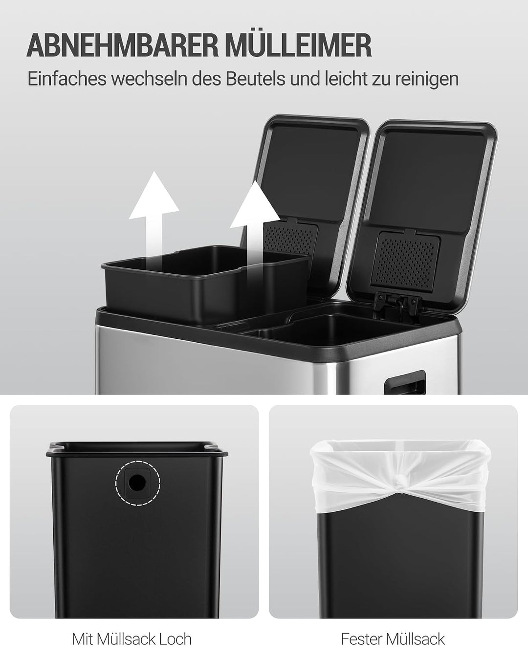 Hzuaneri Mülleimer Küche, Mülltrennsystem 2 Fächer 60L (2 x 30 L), Edelstahl-küchenmülleimer mit far