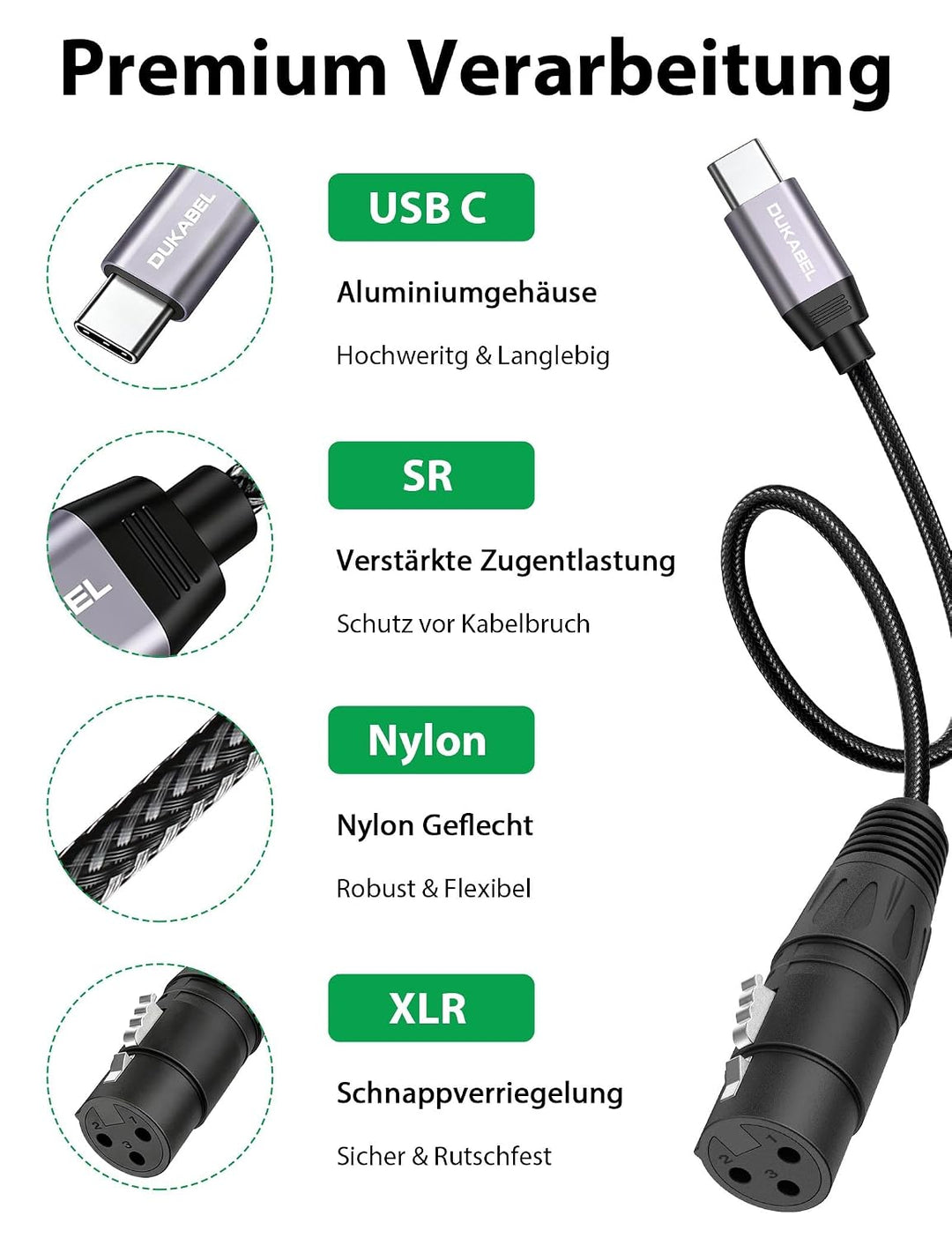 DuKabel USB C auf XLR Mikrofonkabel 2,4m mit DAC für Dynamische Mikrofone 2.4 Meter, 2.4 Meter