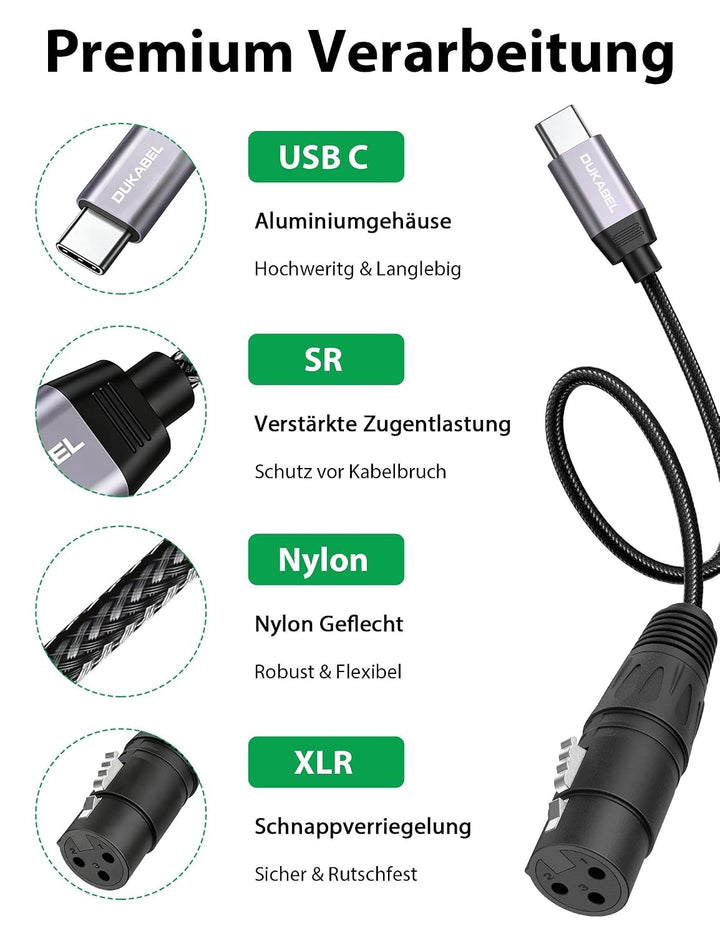 DuKabel USB C auf XLR Mikrofonkabel 2,4m mit DAC für Dynamische Mikrofone 2.4 Meter, 2.4 Meter
