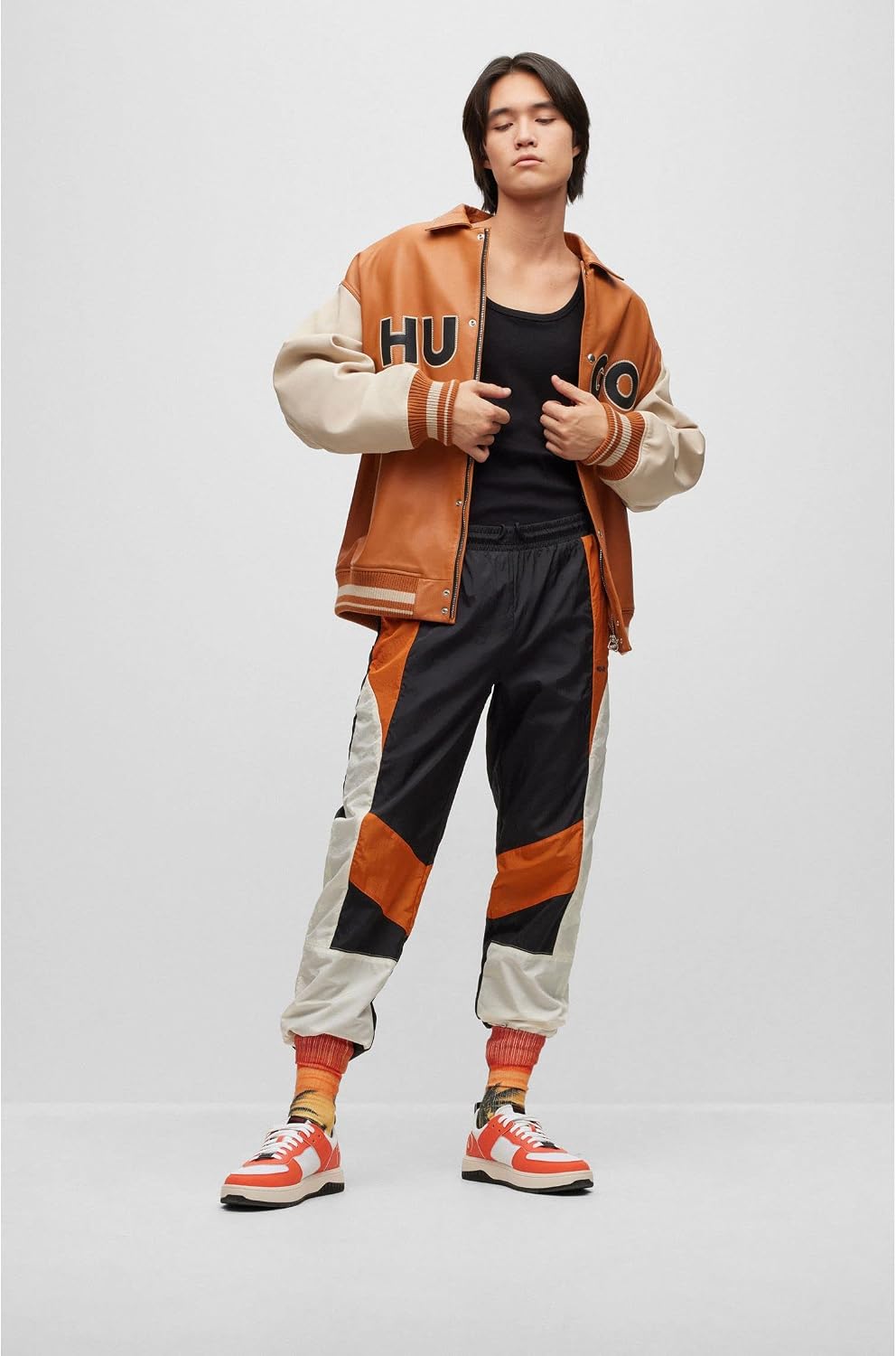 HUGO Herren Luganos College-Jacke aus Leder im Colour-Block-Design mit Logo XS Orange, XS Orange